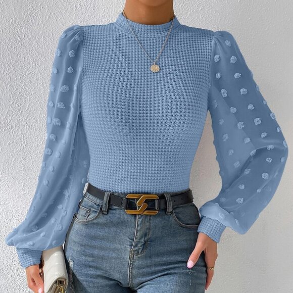 Blue Elegant Women's Swiss Dot Lantern Sleeve Mock Neck Tee - Picture 2 of 7